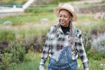 African senior woman gardening - Happy black person enjoy the harvest period at farm