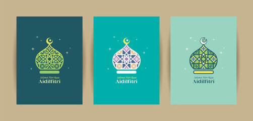 3 different colors of mosque symbol flat design. Hari Raya Aidilfitri greeting card template set. Modern islamic motif icon design. (translation: Fasting Day celebration)