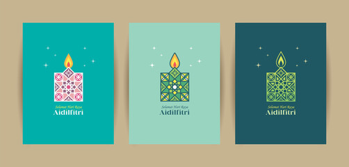 Hari Raya Aidilfitri greeting card template set. 3 different colors of pelita (oil lamp) symbol flat design. Modern morocco islamic motif pattern design. (translation: Fasting Day celebration)