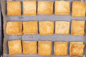 Homemade puff pastry in the baking tray