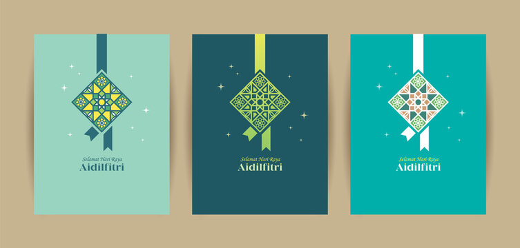 Hari Raya Aidilfitri greeting card template set. 3 different colors of ketupat (rice dumpling) symbol flat design. Modern morocco islamic motif pattern design. (translation: Fasting Day celebration)