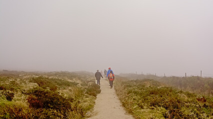 People hiking on a path on top off foggy Ticknock mountains with heath