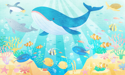 Fototapeta premium 夏の海でクジラやペンギンやイルカが泳いでいる水彩風のベクターイラスト背景(風景)