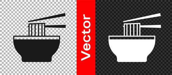 Black Asian noodles in bowl and chopsticks icon isolated on transparent background. Street fast food. Korean, Japanese, Chinese food. Vector
