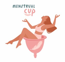 A young woman sitting on a huge menstrual cup. Zero waste period. Protection of menstruation, feminine hygiene. Vector cartoon flat illustration.