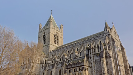 Medieval gothic architecture of Christ Church Cathedral, Dulblin, Ireland on a sunny day with clear blue sky 