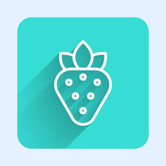 White line Strawberry icon isolated with long shadow. Green square button. Vector