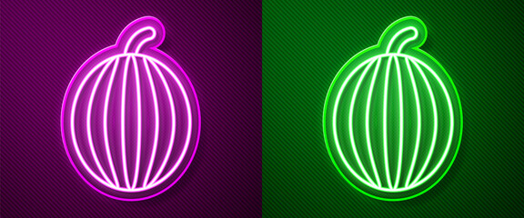 Glowing neon line Watermelon icon isolated on purple and green background. Vector