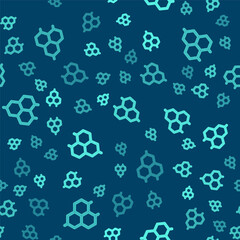 Fototapeta premium Green line Chemical formula icon isolated seamless pattern on blue background. Abstract hexagon for innovation medicine, health, research and science. Vector