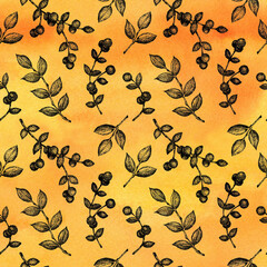 Seamless pattern Graphic twigs with leaves and berries on a yellow watercolor textured background. Hand drawn illustration for template design, social media, cover, fabric, packaging, wallpaper