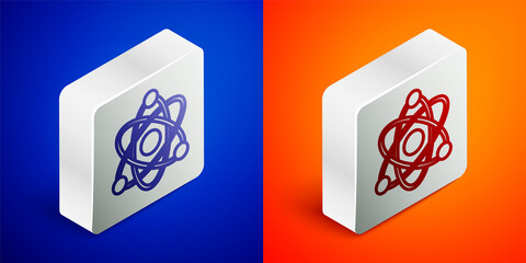 Isometric line Atom icon isolated on blue and orange background. Symbol of science, education, nuclear physics, scientific research. Silver square button. Vector
