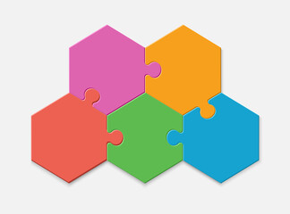 Five pieces of a hexagon puzzle. Hexagonal mosaic infographics.
