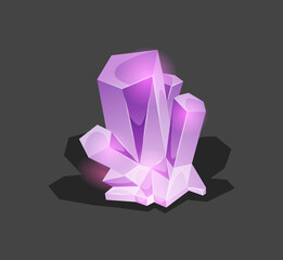 Crystalline stone or gem and precious gemstone for jewellery. Simple crystal symbol with reflection. Cartoon icon as decoration for games. Isolated . Violet