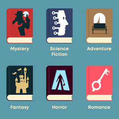 List of fiction genres. Set of books with themed covers: mystery, science fiction, adventure, fantasy, horror, romance.