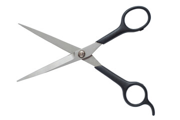 Steel scissors with black open handles isolate