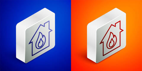 Isometric line Fire in burning house icon isolated on blue and orange background. Silver square button. Vector