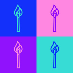 Pop art line Burning match with fire icon isolated on color background. Match with fire. Matches sign. Vector