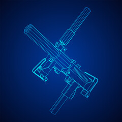 Submachine gun modern firearms pistol with silencer. Wireframe low poly mesh vector illustration.