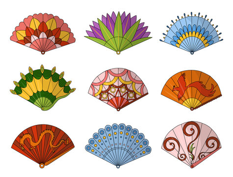 Asian fans. Colored hand traditional fan set isolated on white background, paper folding painting  fans in web style. Decorative whiskey for man and woman