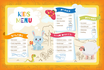 Cute colorful kids meal menu. Placemat  template with cartoon little animals, flowers and tree. Funny rabbit, sheep, snake and bee