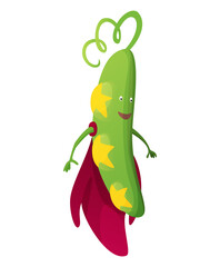  vegetable cartoon character of superhero expression. Funny personage of cucumber. Vegetarian diet. Isolated on white background