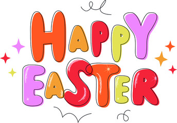 Happy Easter handwritten text.  Vector colorful illustration isolated on white background. Hand lettering design for greeting card, poster, invitation template or social media post. Modern flat style