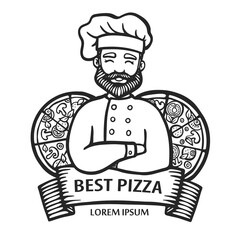 Pizza logo. Hand-drawn hipster chef with italian pizzas with ribbon. Man cook with arms crossed in an apron. Vector line logo for cafe, delivery. Sticker, logo, Emblem