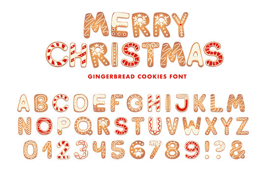 Christmas gingerbread cookies alphabet. Biscuit letters for xmas messages and design. Vector figures with sugar decorations.