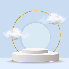Background vector 3d blue podium and minimal cloudy stage, for product demonstration sky cloud blue pastel.