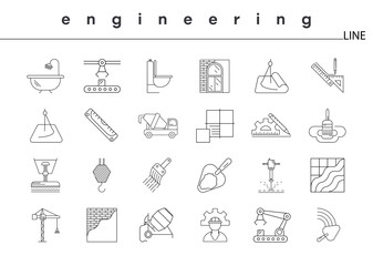 Civil engineering icon set. Set of engineering line art vector illustration on white background. Editable line set. Building and construction line icons set.