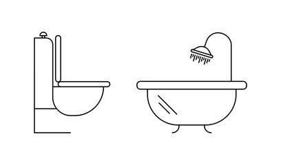 Bathtub and toilet icon set. Civil engineering icons. Toilet and bathtub pen icons on white background. Technical line art vector illustration. Editable line set