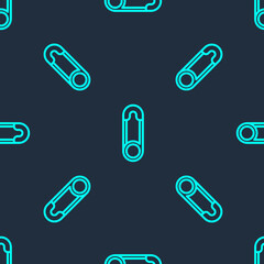 Green line Classic closed steel safety pin icon isolated seamless pattern on blue background. Vector