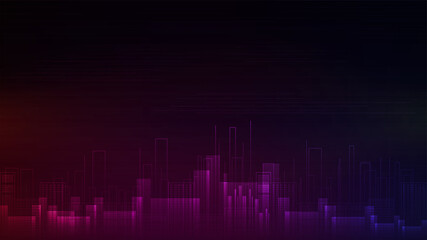Cityscape in digital line style in pink and blue colors. Background with silhouette of city of future