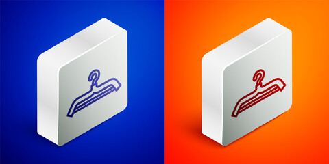 Isometric line Hanger wardrobe icon isolated on blue and orange background. Cloakroom icon. Clothes service symbol. Laundry hanger sign. Silver square button. Vector