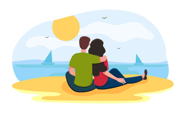 Obraz premium Lovers sitting on sand beach and admire the sunset