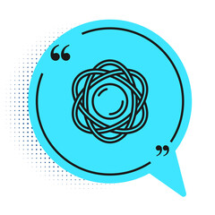 Black line Atom icon isolated on white background. Symbol of science, education, nuclear physics, scientific research. Blue speech bubble symbol. Vector