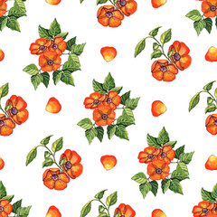 Watercolor seamless pattern of red flowers and green leaves for fabric