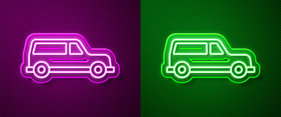 Glowing neon line Hearse car icon isolated on purple and green background. Vector
