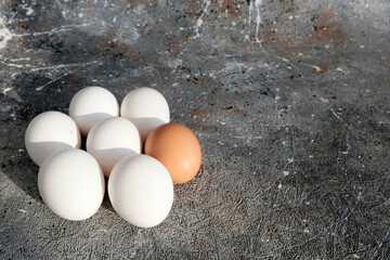 The eggs are white. Diet product. Close-up concept of easter, festive beautiful minimal background for congratulations, articles about poultry farm.