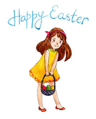 Hand drawn girl in yellow dress holding basket of easter eggs in cute cartoon style