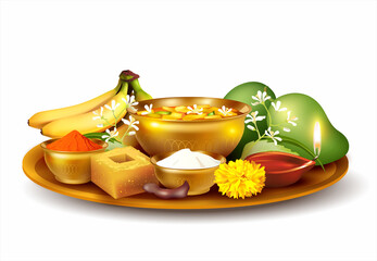 Thali (tray) with traditional food pachadi with all flavors for Indian New Year festival Ugadi (Gudi Padwa, Yugadi). Isolated on white. Vector illustration.
