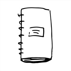 One hand-drawn notebook. Doodle vector illustration. Isolated on a white background, black and white graphics