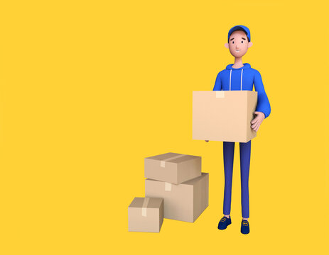 Delivery man in blue cap t-shirt uniform holding cardboard boxes, copy space. Online shopping and express delivery. Trendy 3d illustration.