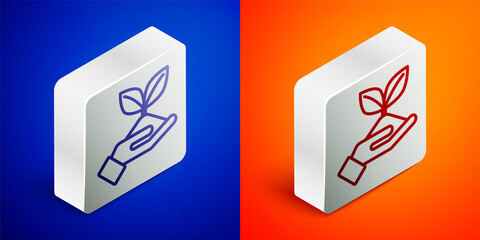 Isometric line Plant in hand of environmental protection icon isolated on blue and orange background. Seed and seedling. Planting sapling. Ecology concept. Silver square button. Vector