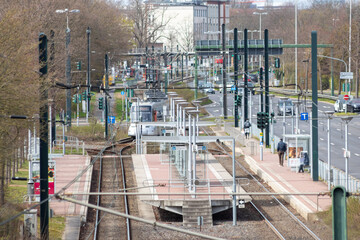 Electric railroad to train station with electricity in suburban area with transportation in urban cities for passengers and subways downtown as cheap platform for sustainable traffic