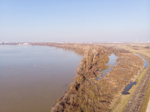 Aerial view of Danube river in Serbia. Beautiful nature image of Danube river