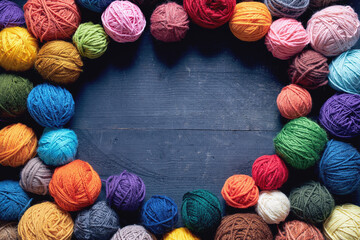 Colorful balls of wool on wooden table.