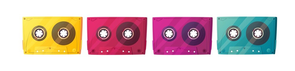 Retro audio cassettes set. Vintage tapes of the nineties. Cartoon vector illustration isolated on white background. 