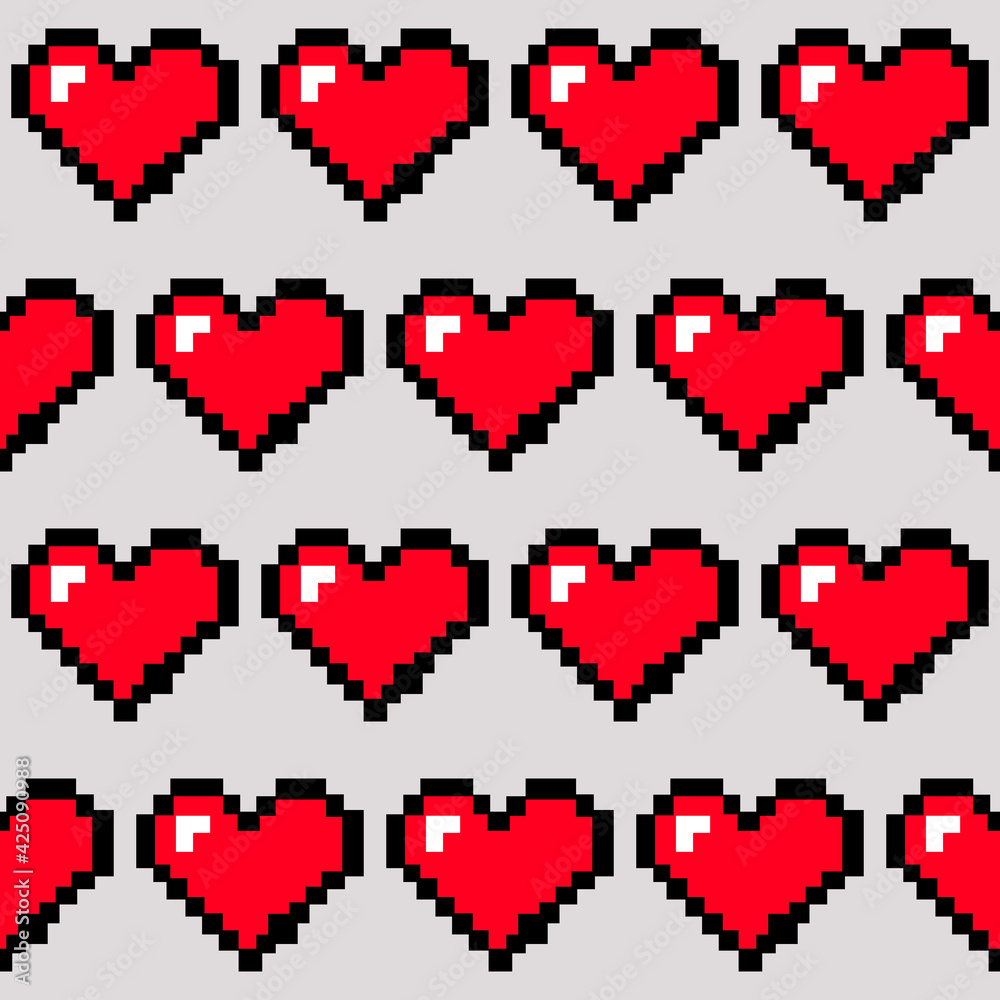 Poster Pixel Hearts Pattern. Seamless Red Pixelated Pattern. Vector Red Heart Ornament.