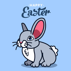 A cute gray rabbit sits on four legs and looks forward. Back lettering Happy Easter.